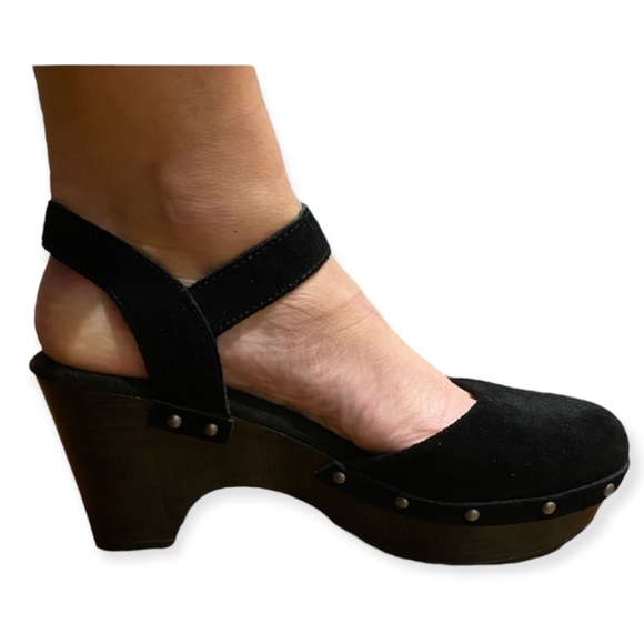 NWT House of Harlow Black Leather Suede Clogs Cherub platform heeled sandals - Picture 8 of 14